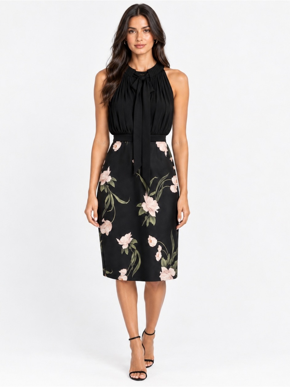 Ted Baker Black Floral falter dress with Tie Neck